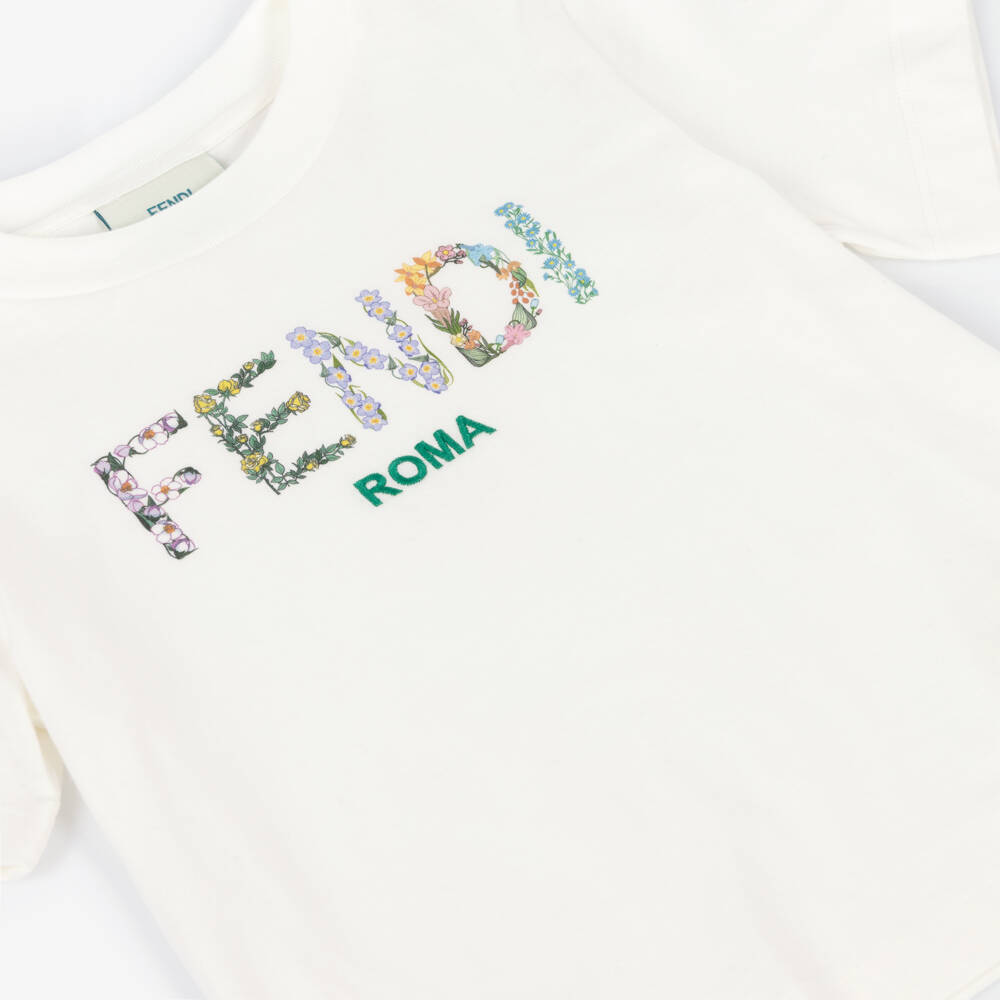 Fendi-تيشيرت بطبعة زهور قطن لون أبيض للبنات  | Childrensalon