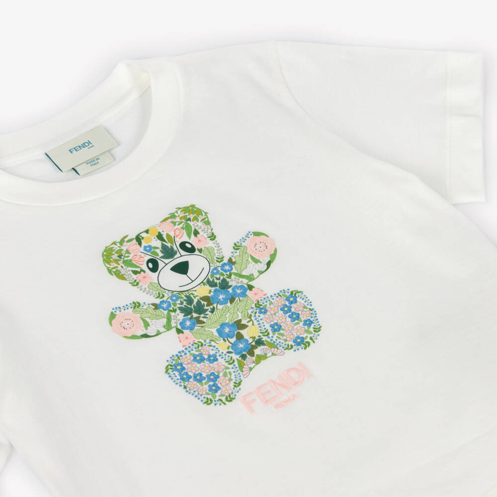 Fendi-Girls White Cotton Floral Teddy Print T-Shirt | Childrensalon