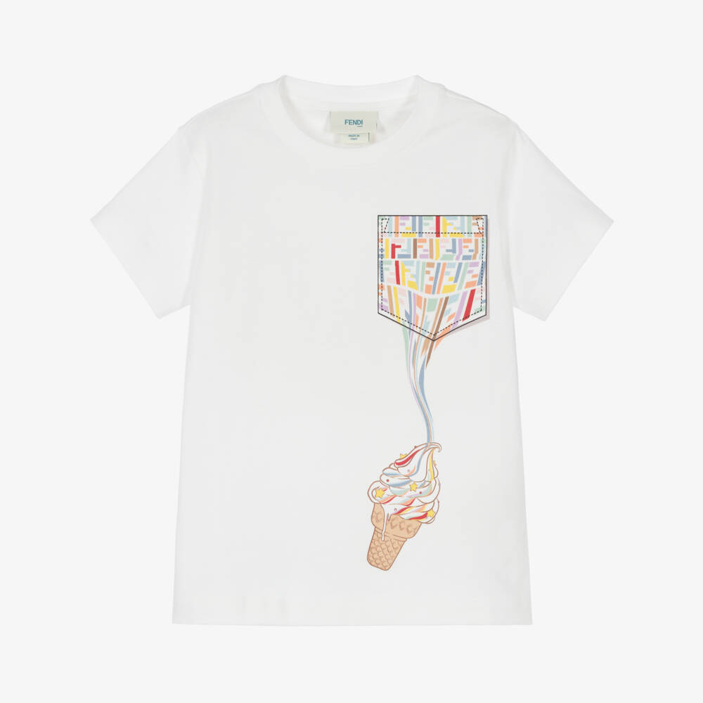 Fendi-Girls White Cotton Ice Cream Motif T-Shirt | Childrensalon