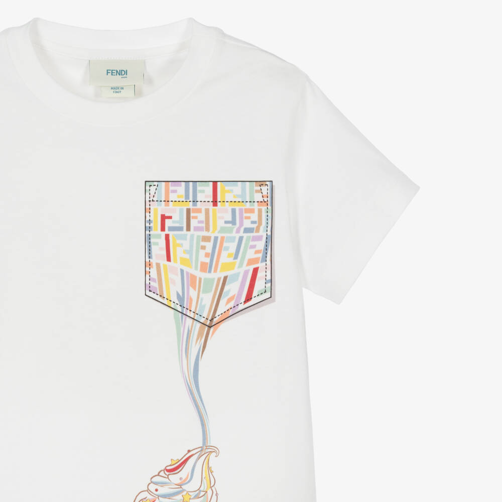 Fendi-Girls White Cotton Ice Cream Motif T-Shirt | Childrensalon