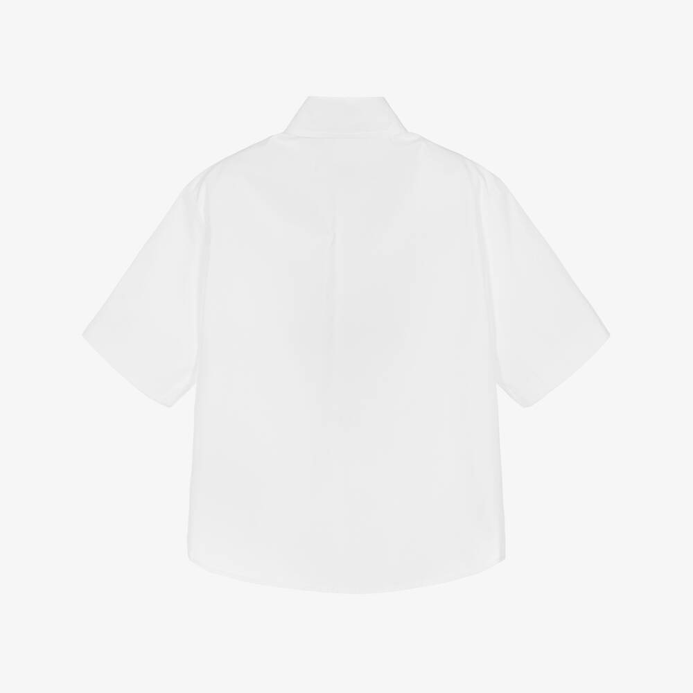 Fendi-Girls White Cotton Ruffle Blouse with FF Logo Trim | Childrensalon