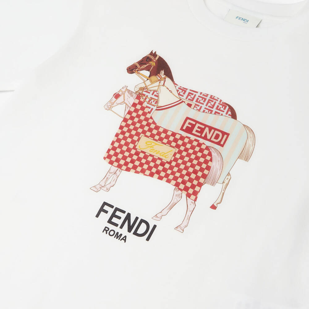 Fendi-Футболка белая из хлопка с лошадьми для девочек | Childrensalon