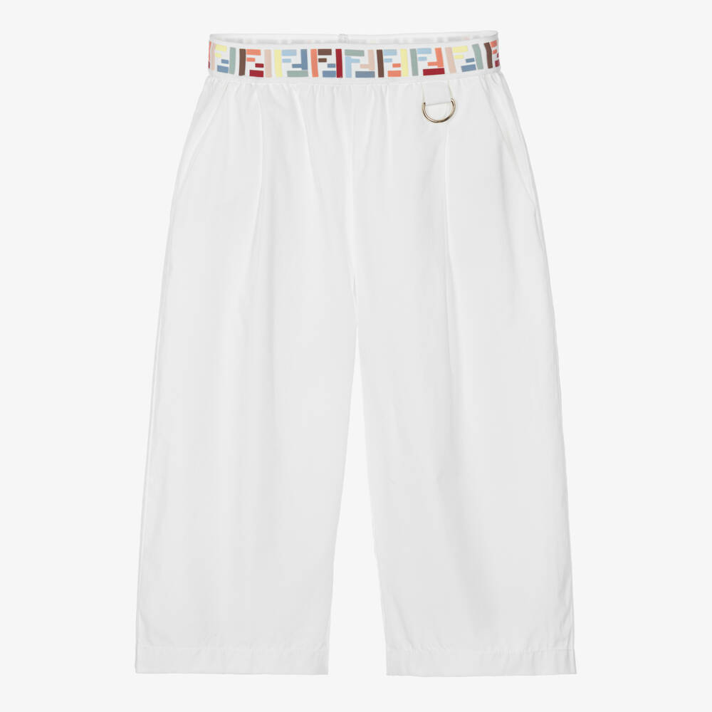 Fendi-Girls White Cotton Trousers with FF Logo Waistband | Childrensalon