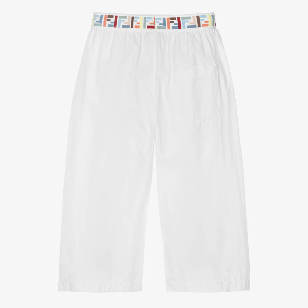 Fendi-Girls White Cotton Trousers with FF Logo Waistband | Childrensalon