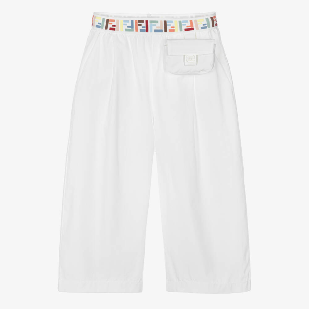 Fendi-Girls White Cotton Trousers with FF Logo Waistband | Childrensalon