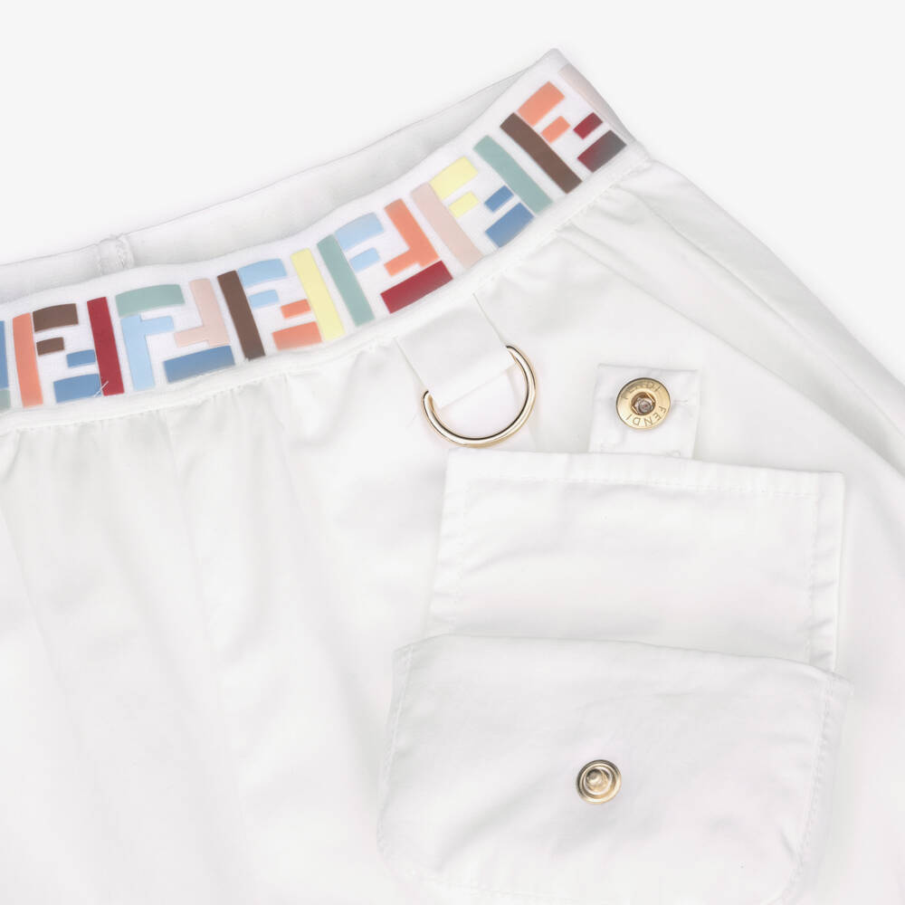 Fendi-Girls White Cotton Trousers with FF Logo Waistband | Childrensalon