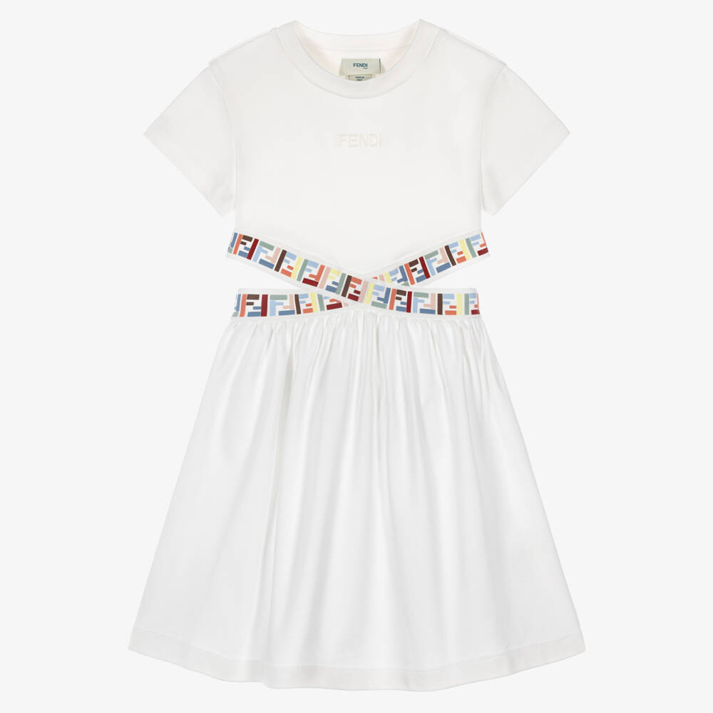 Fendi-Girls White Jersey Dress with FF Waistband | Childrensalon