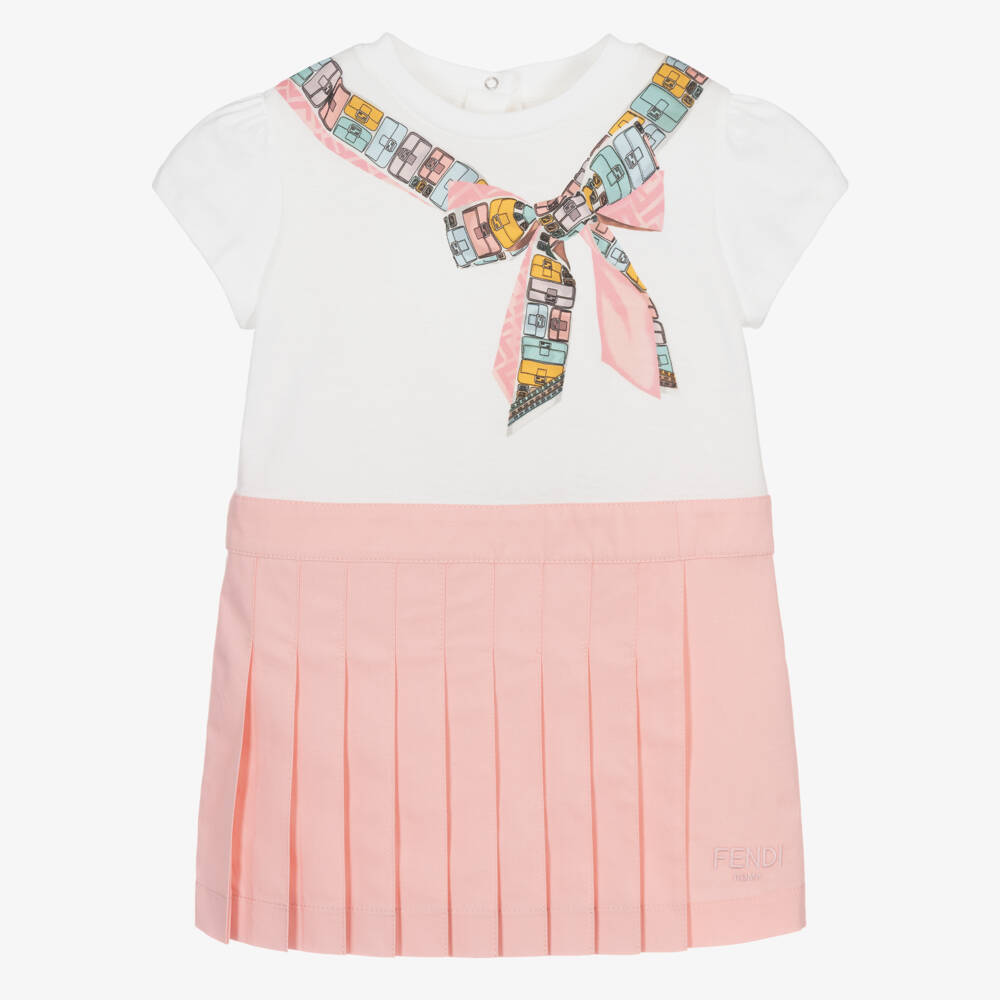 Fendi-Girls White & Pink Baguette Bow Print Cotton Dress | Childrensalon