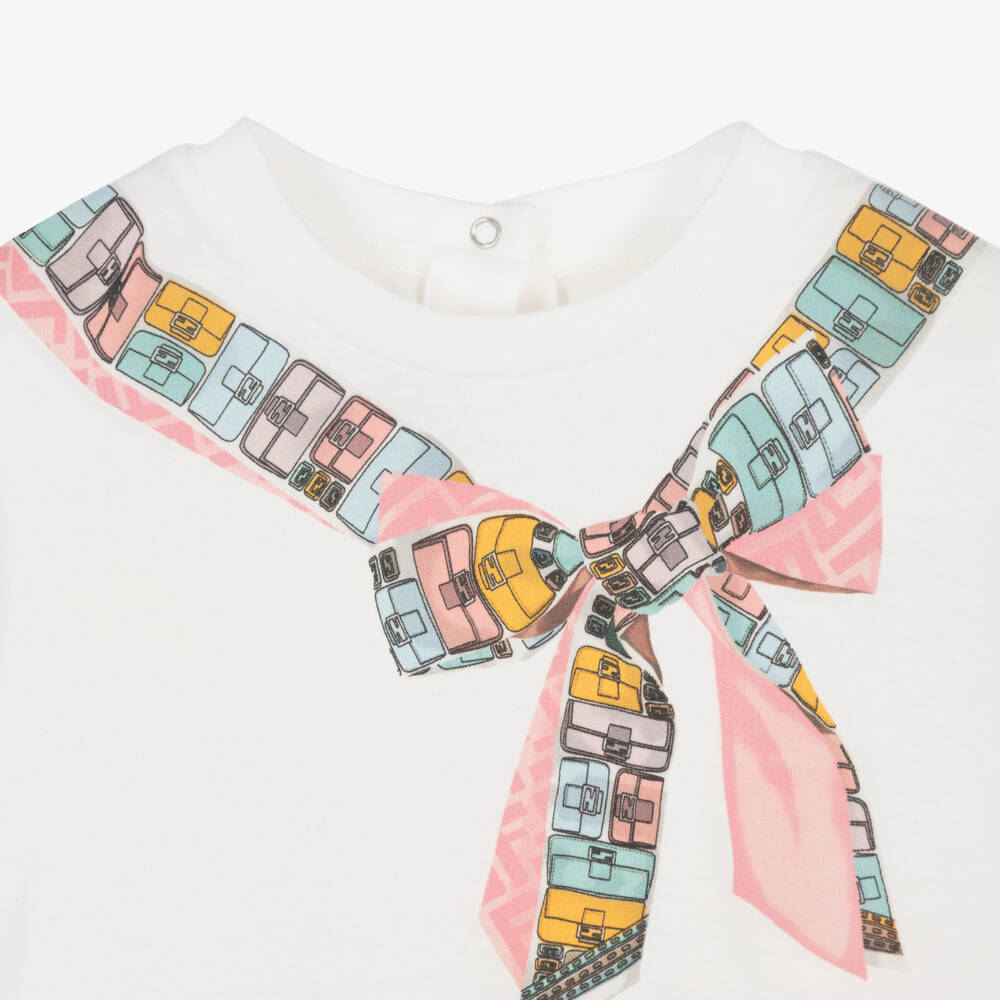 Fendi-Girls White & Pink Baguette Bow Print Cotton Dress | Childrensalon