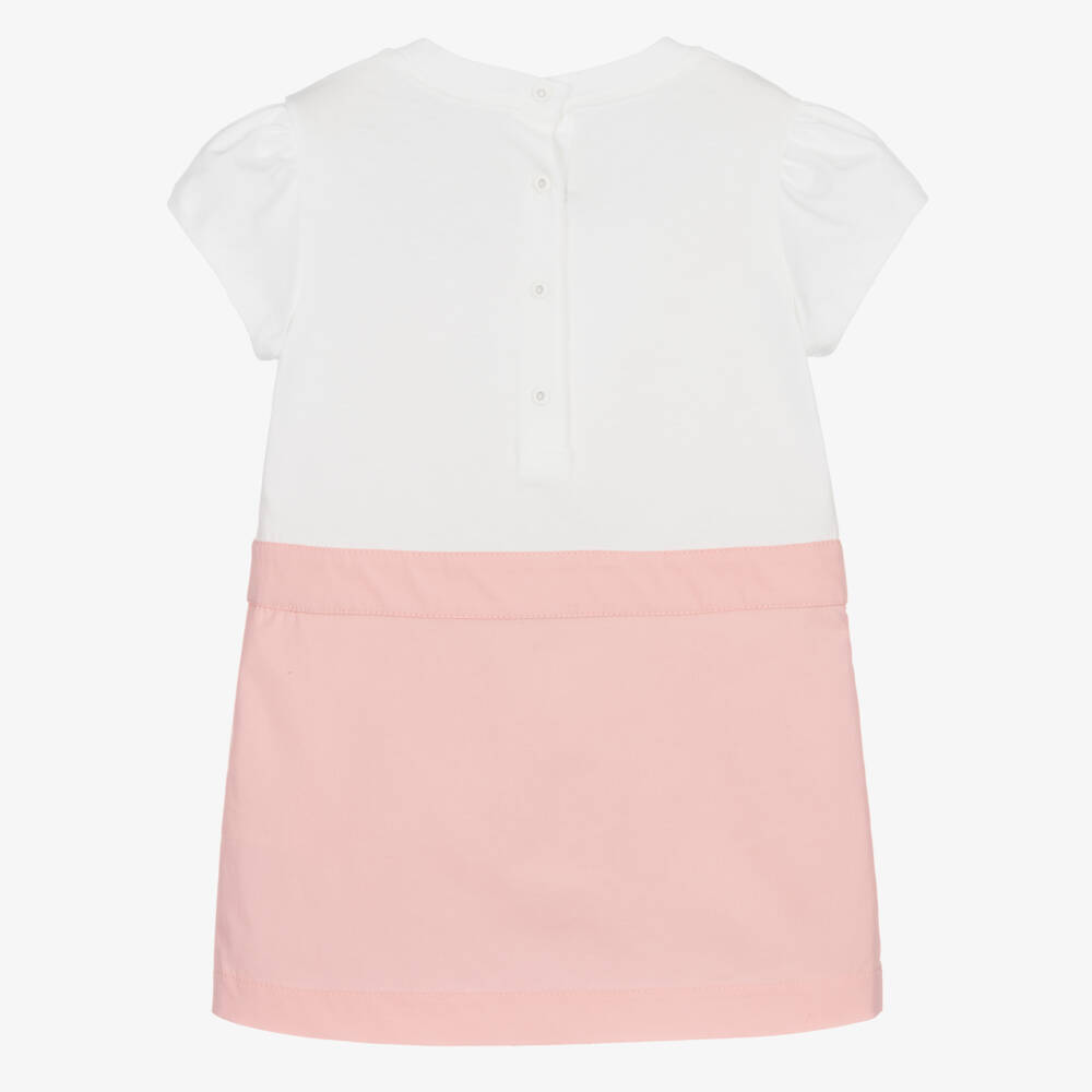 Fendi-Girls White & Pink Baguette Bow Print Cotton Dress | Childrensalon
