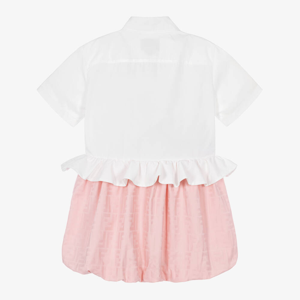 Fendi-Girls White & Pink FF Jacquard Bubble Hem Dress | Childrensalon
