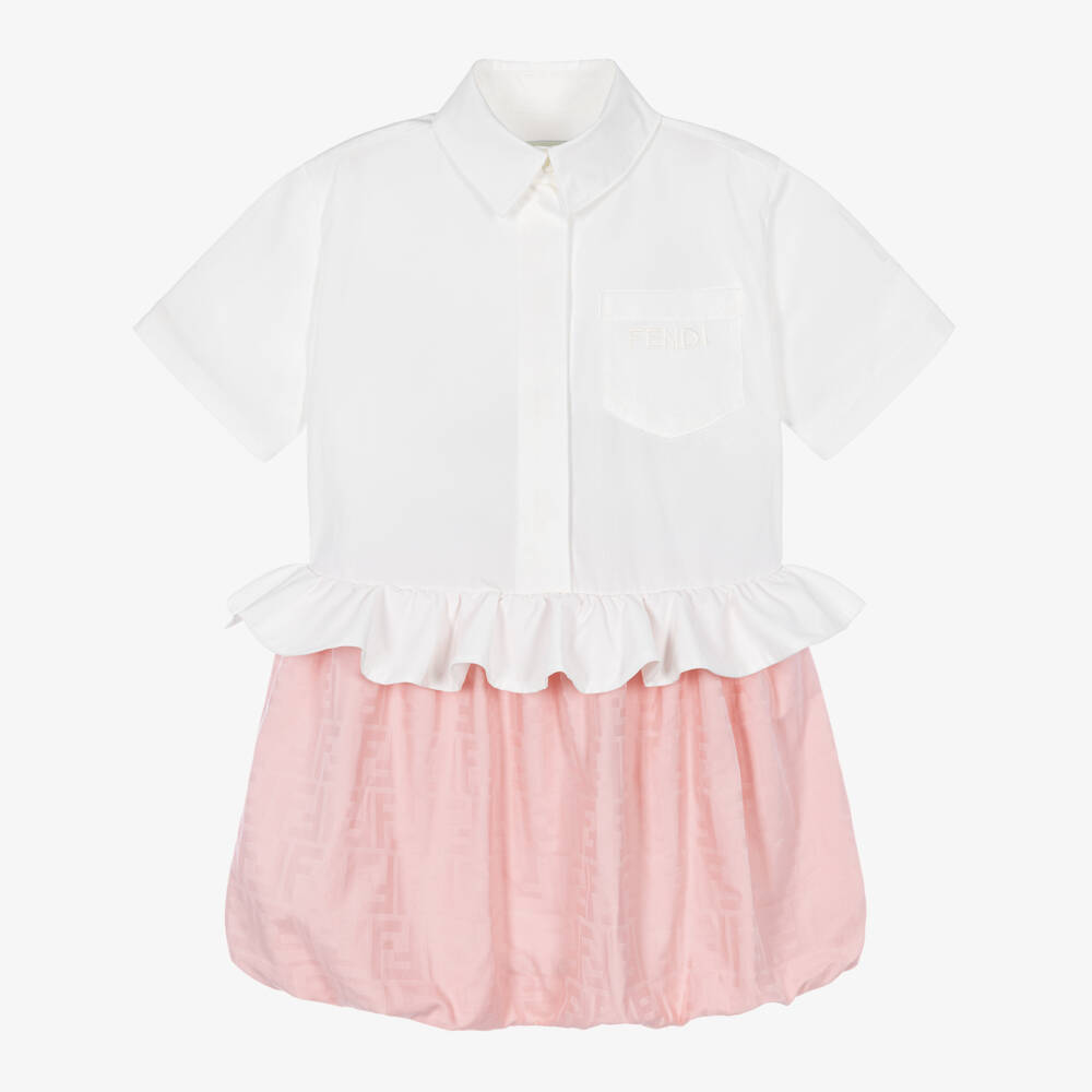 Fendi-Girls White & Pink FF Jacquard Bubble Hem Dress | Childrensalon
