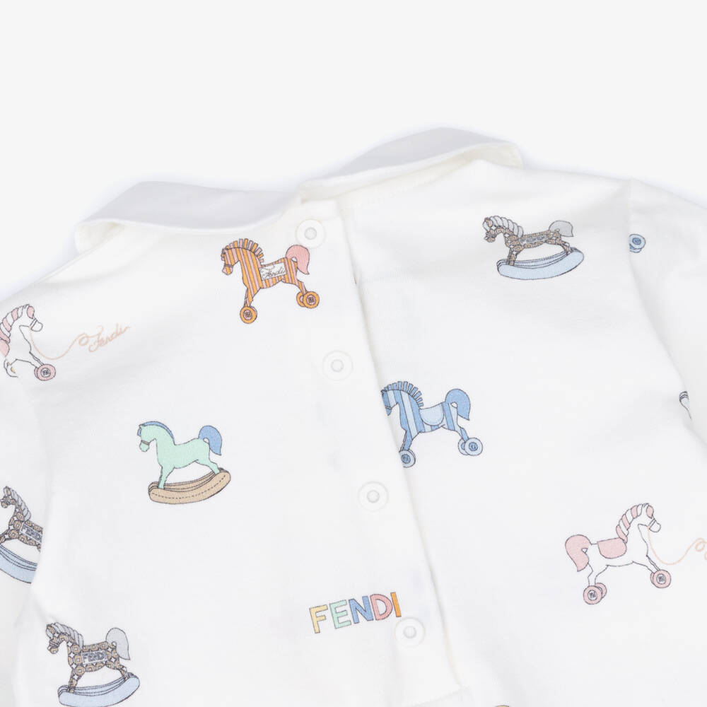 Fendi-Ivory Cotton Babysuit Set with Rocking Horse & Logo Pattern | Childrensalon