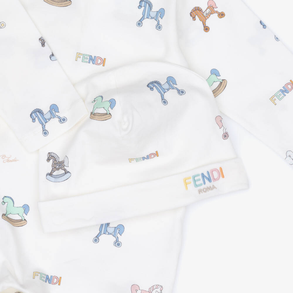 Fendi-Ivory Cotton Babysuit Set with Rocking Horse & Logo Pattern | Childrensalon