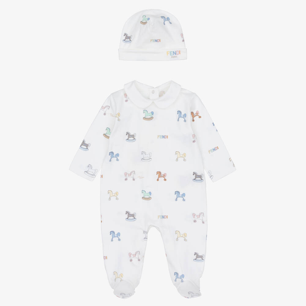 Fendi-طقم أفارول قطن لون عاجي للرضع | Childrensalon