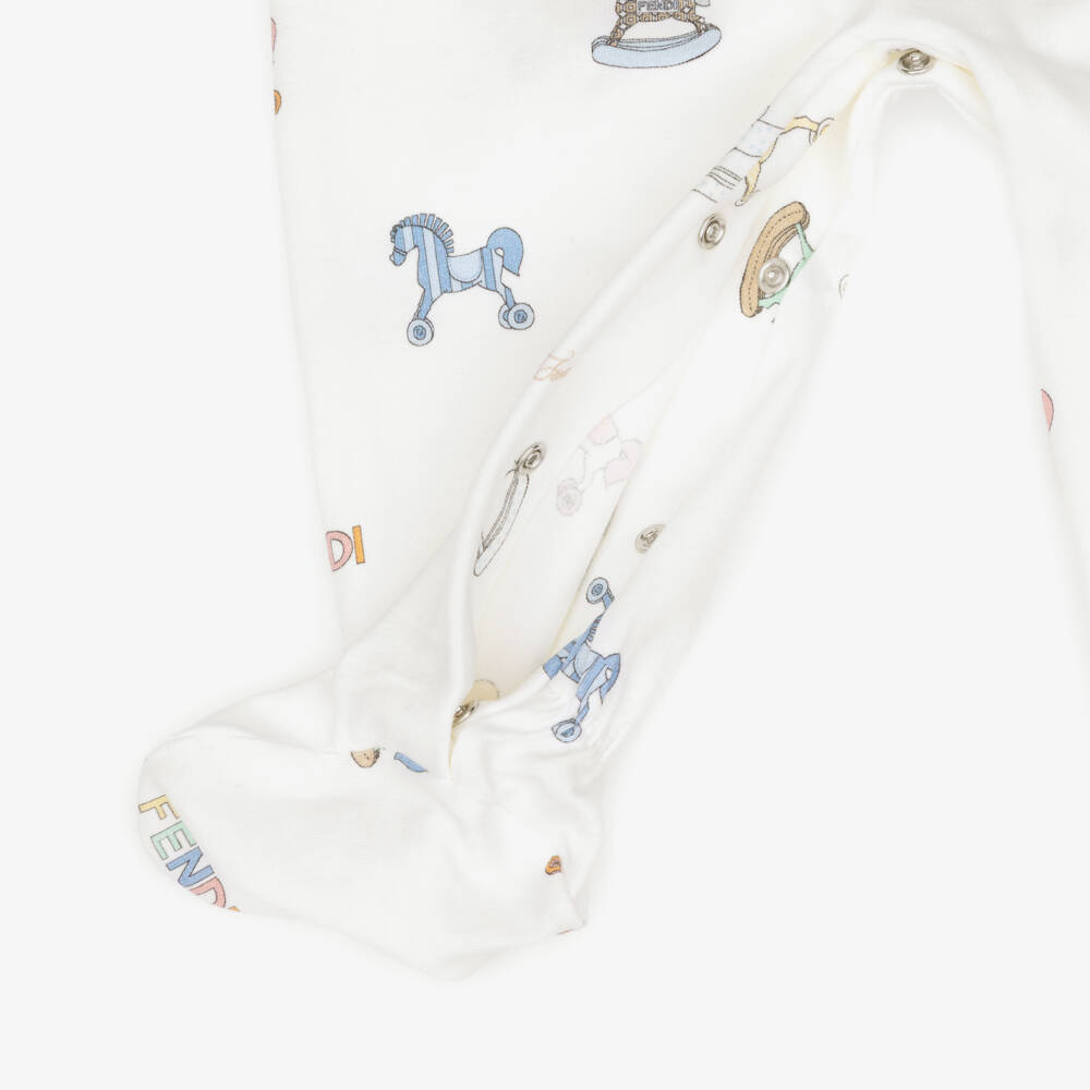 Fendi-Ivory Cotton Babysuit Set with Rocking Horse & Logo Pattern | Childrensalon