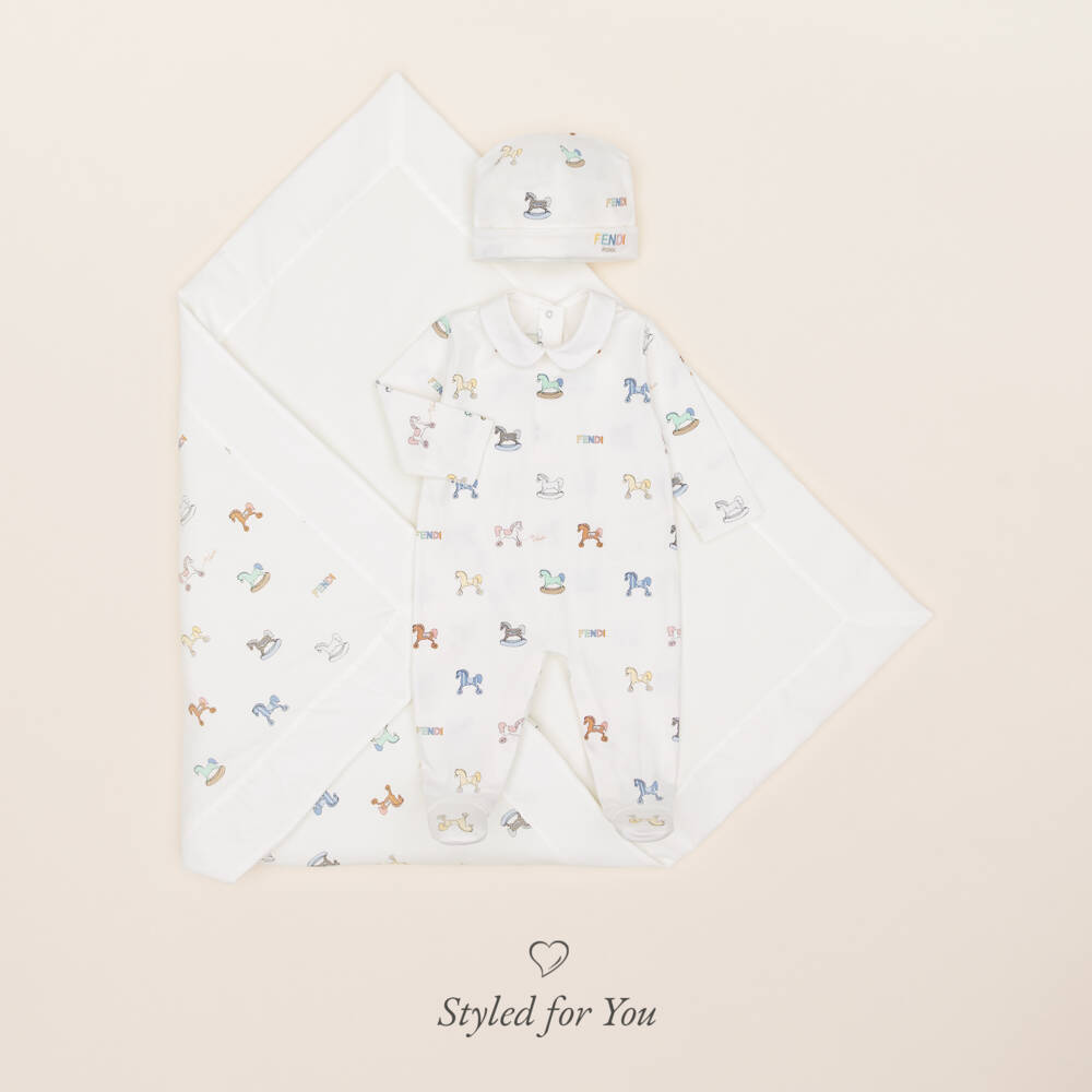 Fendi-Ivory Cotton Babysuit Set with Rocking Horse & Logo Pattern | Childrensalon