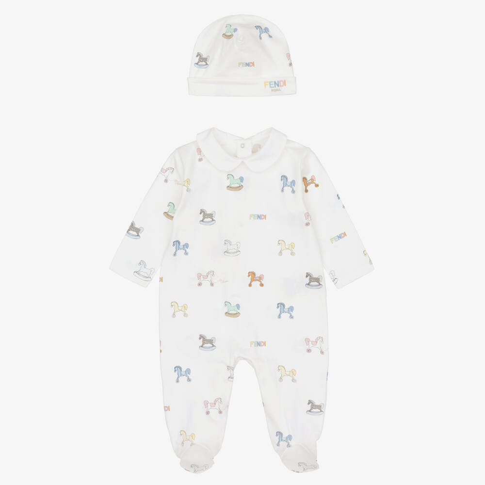 Fendi-Ivory Cotton Babysuit Set with Rocking Horse & Logo Pattern | Childrensalon