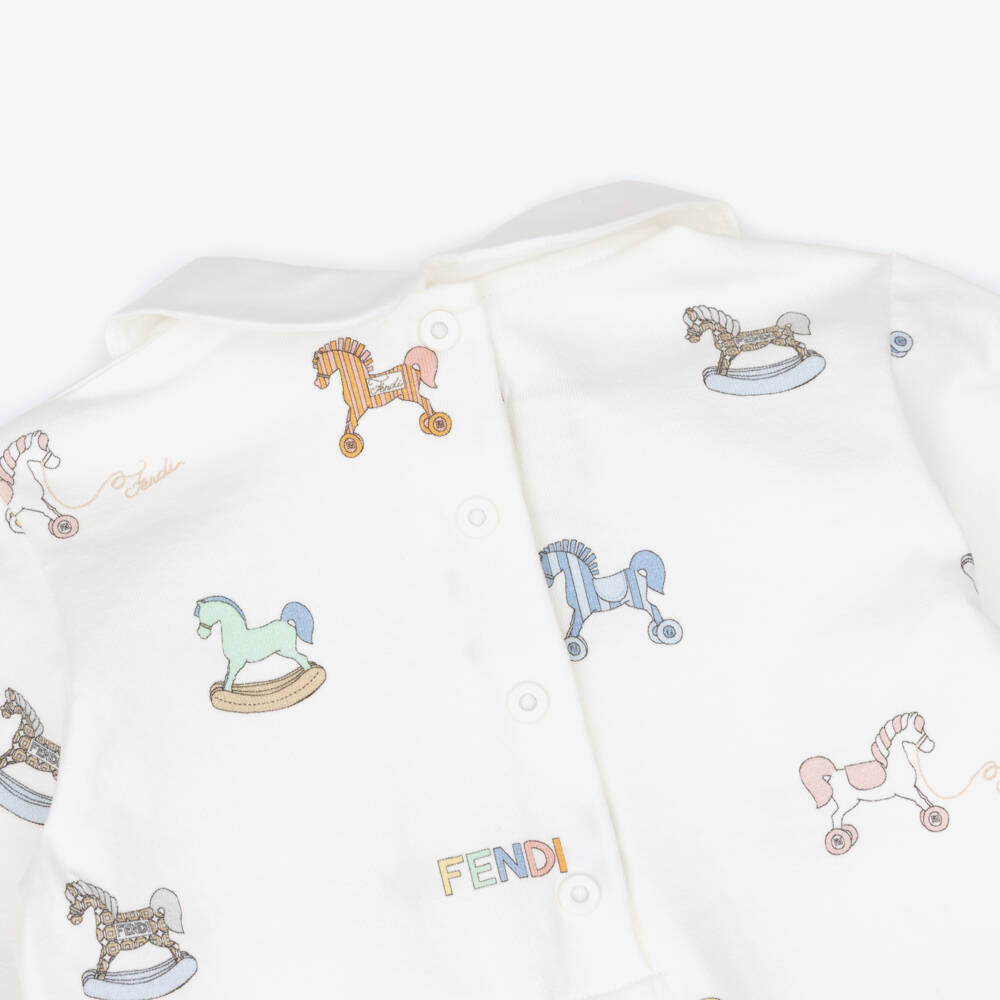 Fendi-Ivory Cotton Babysuit Set with Rocking Horse & Logo Pattern | Childrensalon