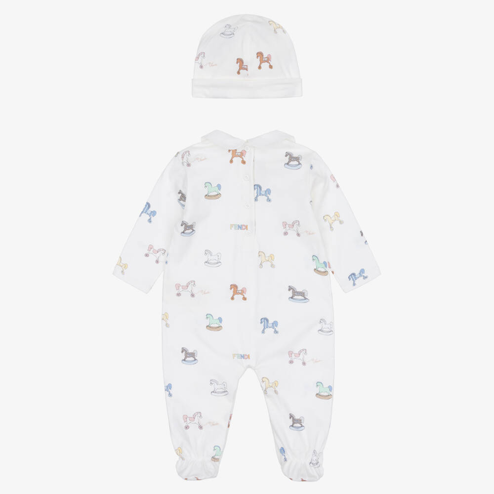 Fendi-Ivory Cotton Babysuit Set with Rocking Horse & Logo Pattern | Childrensalon