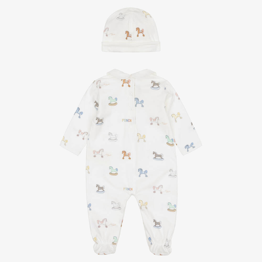 Fendi-Ivory Cotton Babysuit Set with Rocking Horse & Logo Pattern | Childrensalon