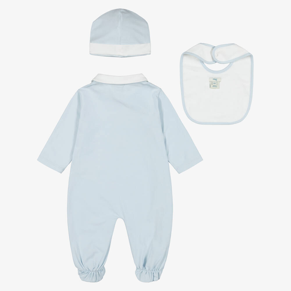 Fendi-Pale Blue Cotton Babysuit Gift Set with Fendi Bear | Childrensalon