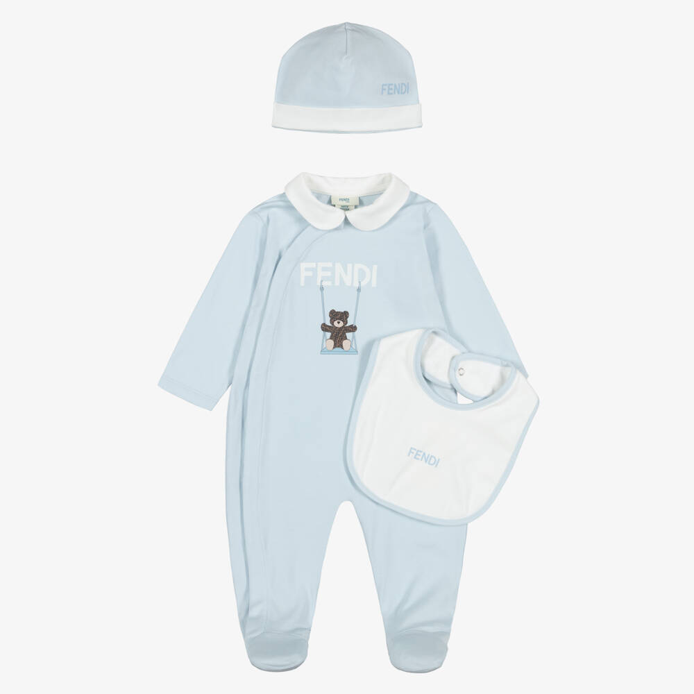 Fendi-Pale Blue Cotton Babysuit Gift Set with Fendi Bear | Childrensalon