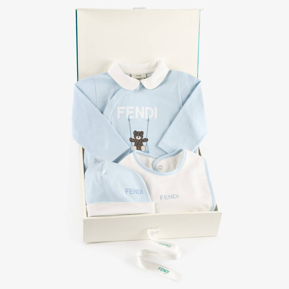 Fendi-Pale Blue Cotton Babysuit Gift Set with Fendi Bear | Childrensalon