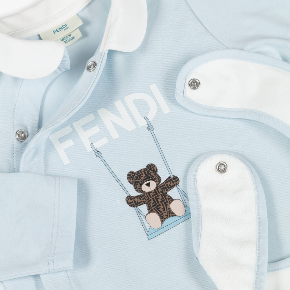Fendi-Pale Blue Cotton Babysuit Gift Set with Fendi Bear | Childrensalon