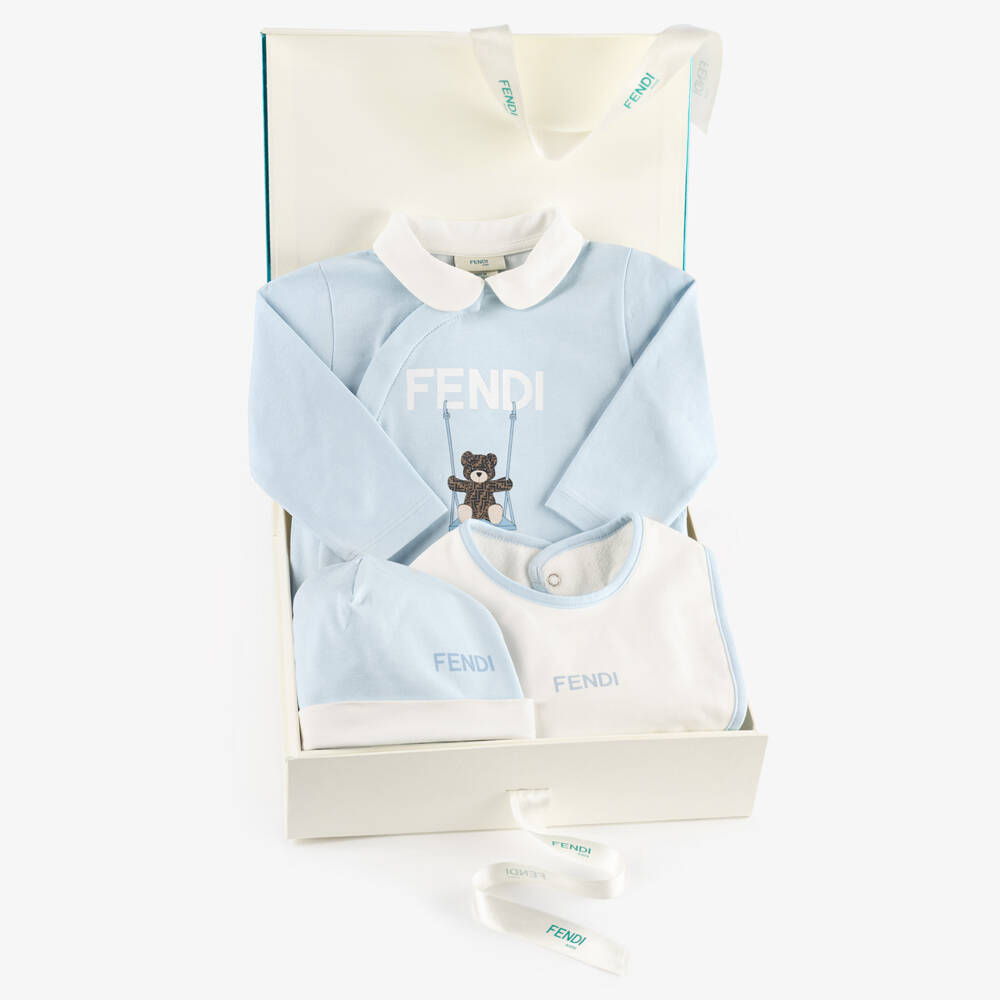 Fendi-Pale Blue Cotton Babysuit Gift Set with Fendi Bear | Childrensalon