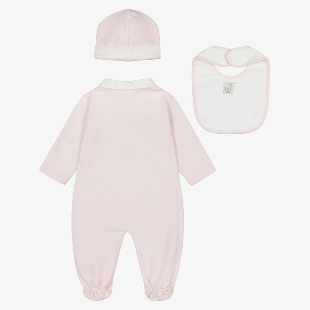 Fendi-Pale Pink Cotton Babysuit Gift Set with Fendi Bear | Childrensalon
