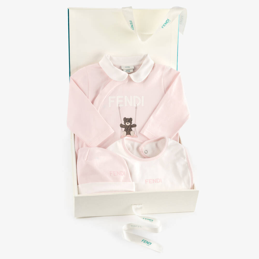 Fendi-Pale Pink Cotton Babysuit Gift Set with Fendi Bear | Childrensalon