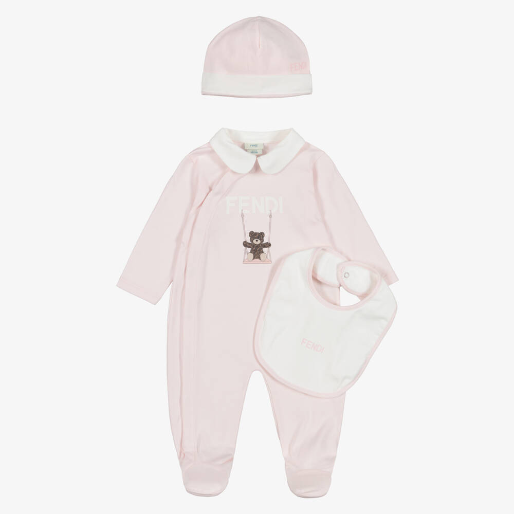Fendi-Pale Pink Cotton Babysuit Gift Set with Fendi Bear | Childrensalon