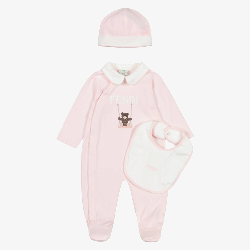 Fendi-Pale Pink Cotton Fendi Bear Babysuit Gift Set | Childrensalon