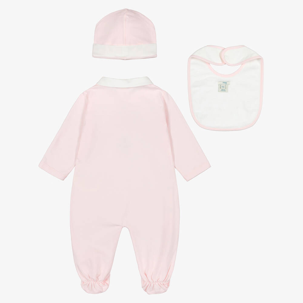 Fendi-Pale Pink Cotton Fendi Bear Babysuit Gift Set | Childrensalon