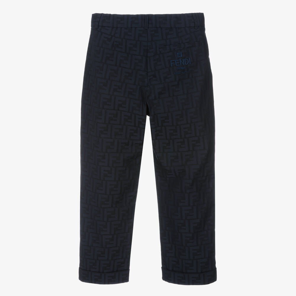 Fendi-Teen Boys Navy Blue Cotton FF Trousers | Childrensalon