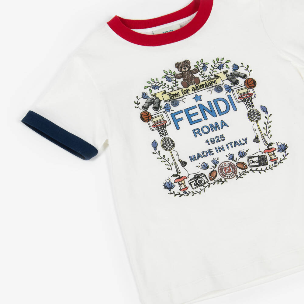 Fendi-White 100 Anniversary Logo Cotton T-Shirt | Childrensalon