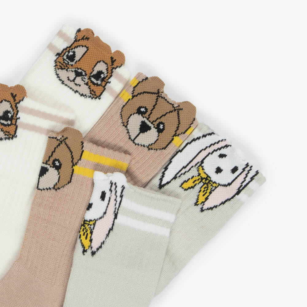Fendi-White & Beige Baby Socks with Animal Motifs (3 Pack) | Childrensalon