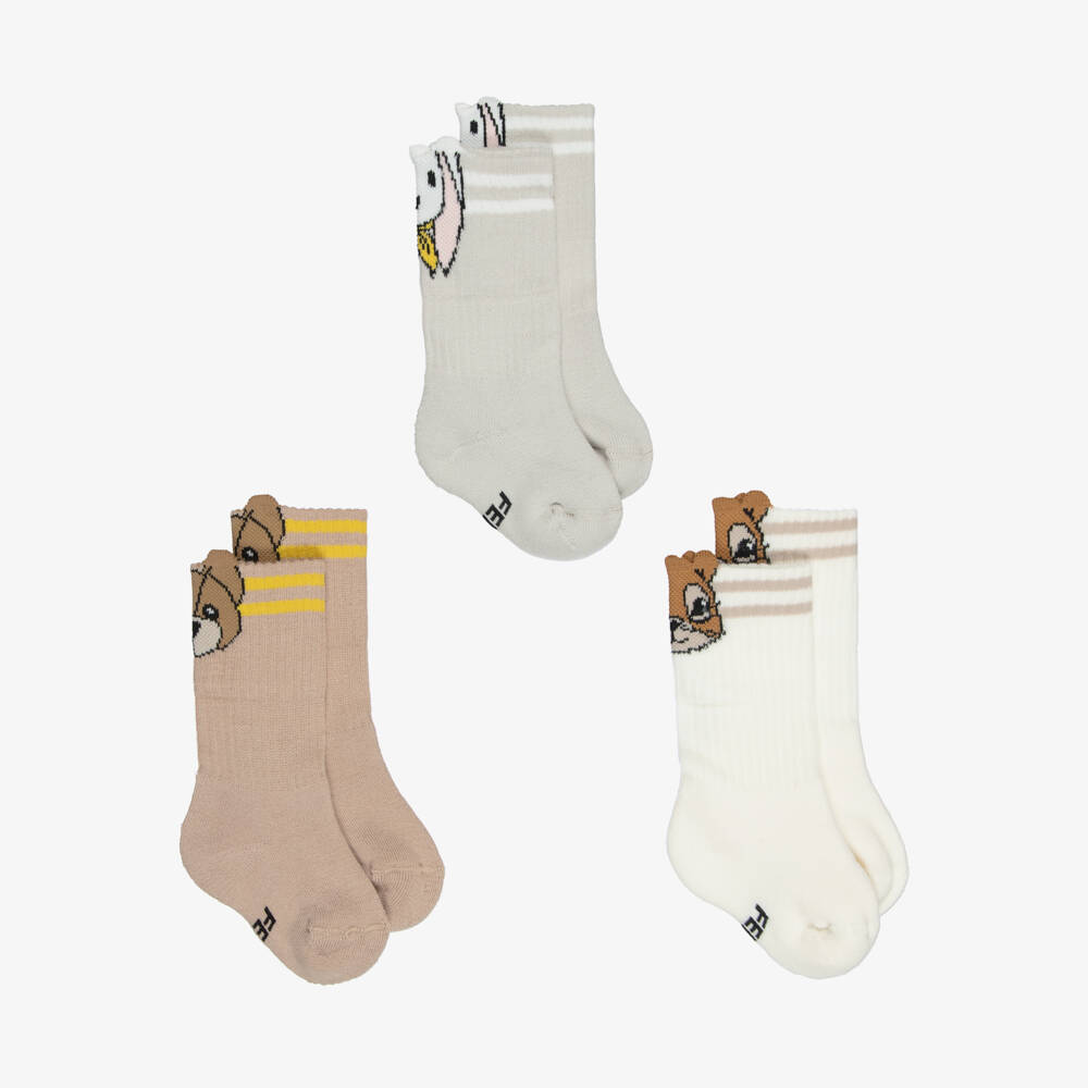 Fendi-White & Beige Baby Socks with Animal Motifs (3 Pack) | Childrensalon