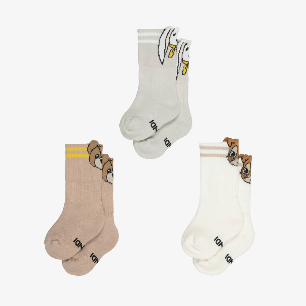 Fendi-White & Beige Baby Socks with Animal Motifs (3 Pack) | Childrensalon