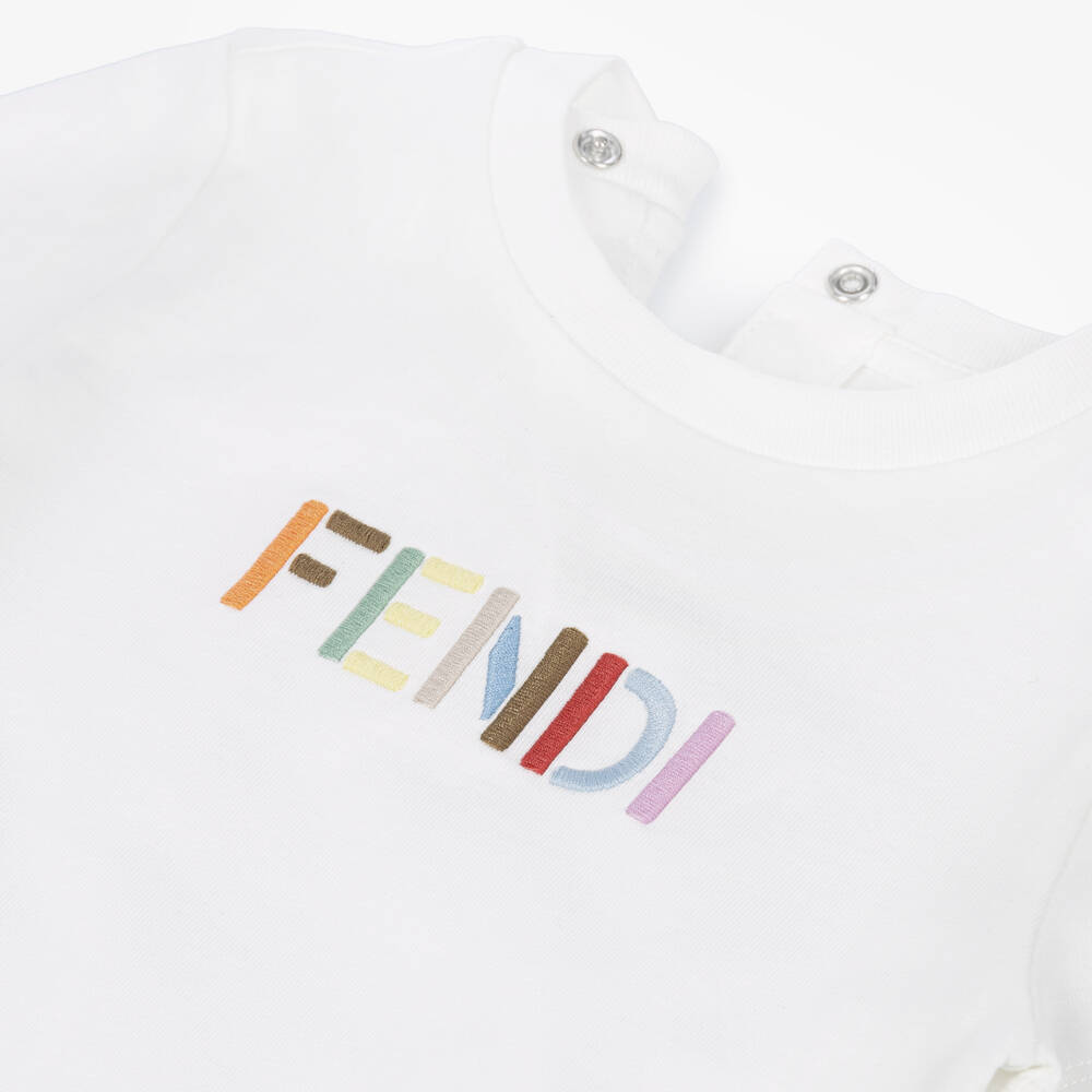 Fendi-White Cotton Baby T-Shirt with Multicolour Logo | Childrensalon