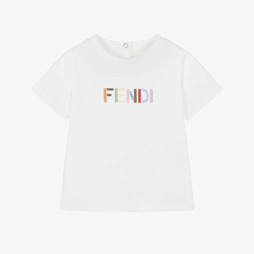 Fendi-White Cotton Baby T-Shirt with Multicolour Logo | Childrensalon