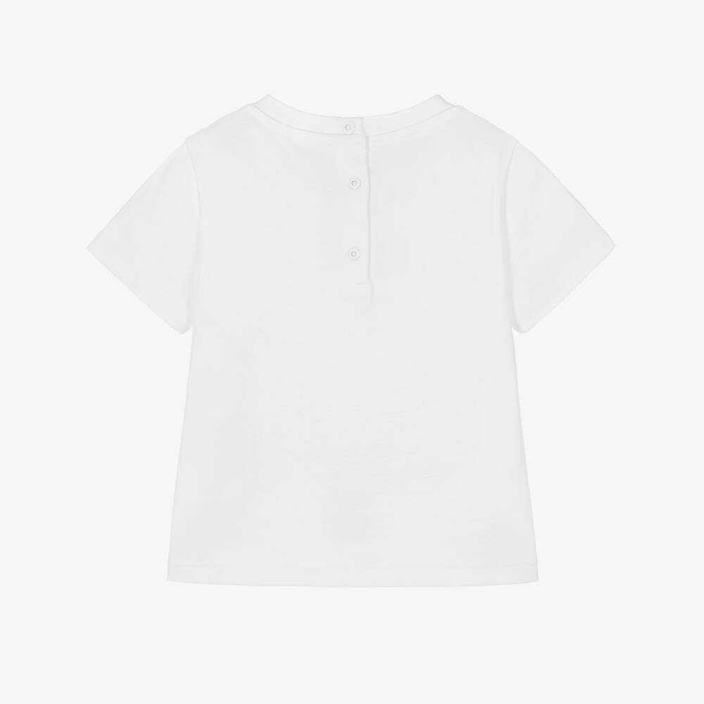 Fendi-White Cotton Baby T-Shirt with Multicolour Logo | Childrensalon
