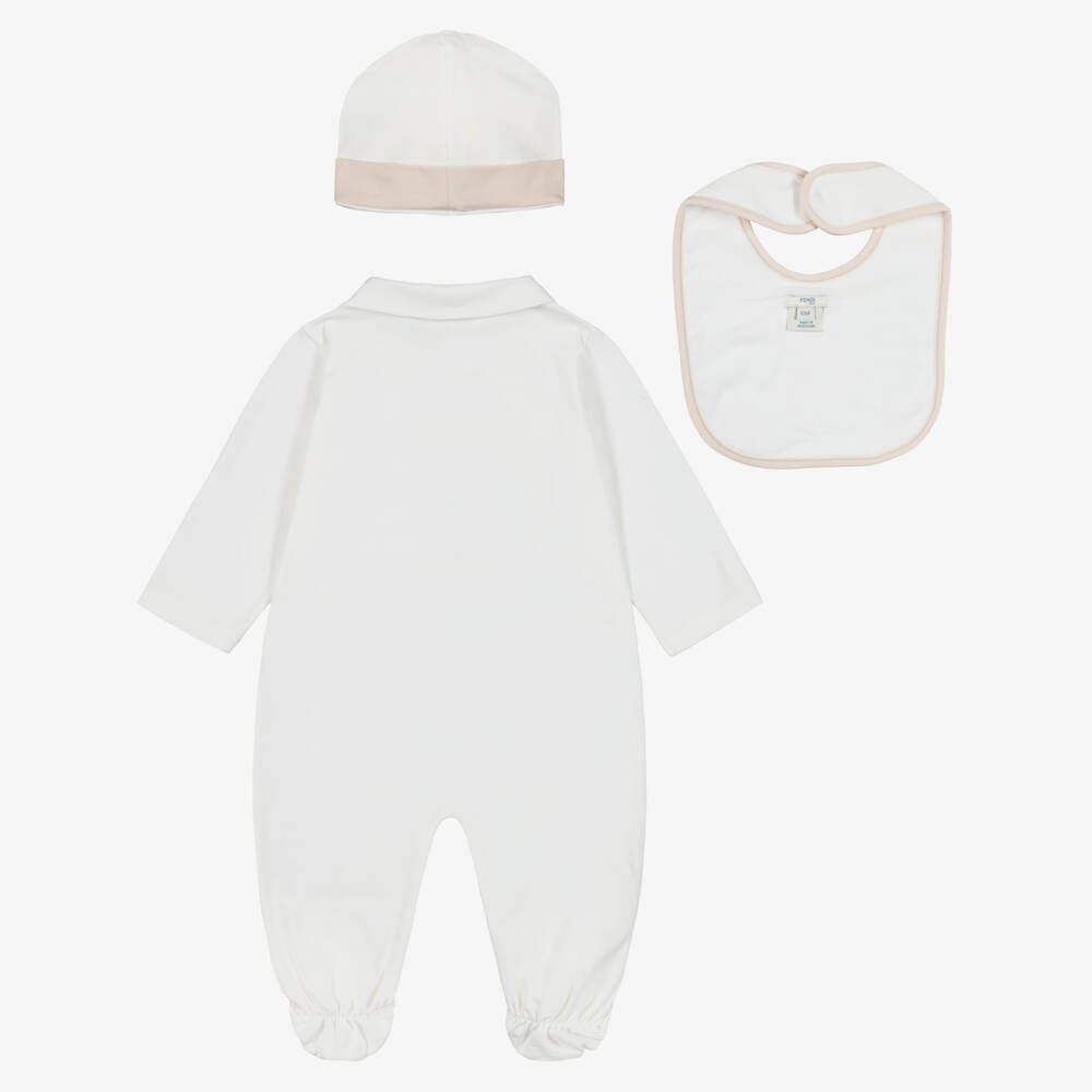 Fendi-White Cotton Babysuit Gift Set with Fendi Bear | Childrensalon