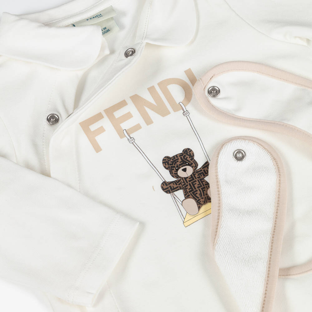 Fendi-White Cotton Babysuit Gift Set with Fendi Bear | Childrensalon