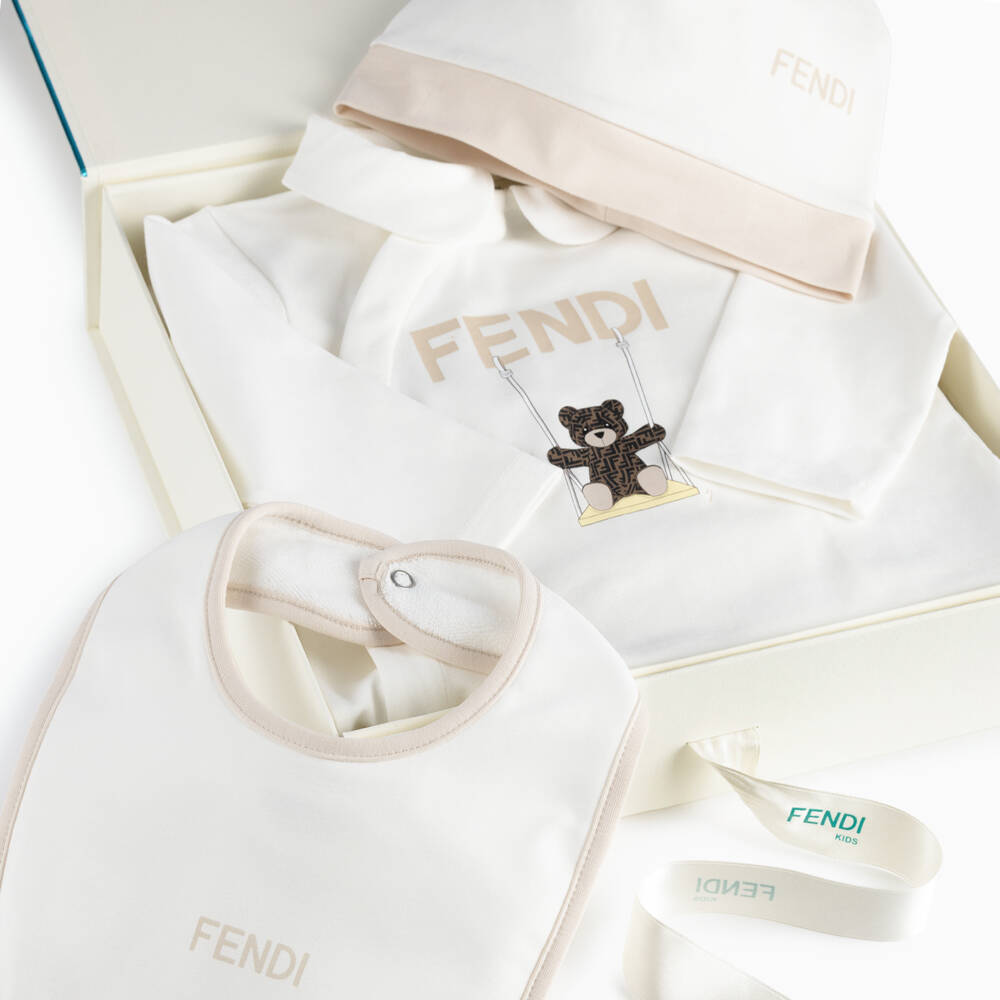 Fendi-White Cotton Babysuit Gift Set with Fendi Bear | Childrensalon