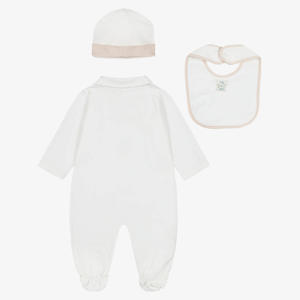 Fendi-White Cotton Babysuit Gift Set with Fendi Bear | Childrensalon