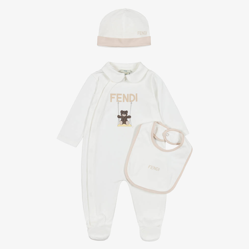 Fendi-White Cotton Babysuit Gift Set with Fendi Bear | Childrensalon