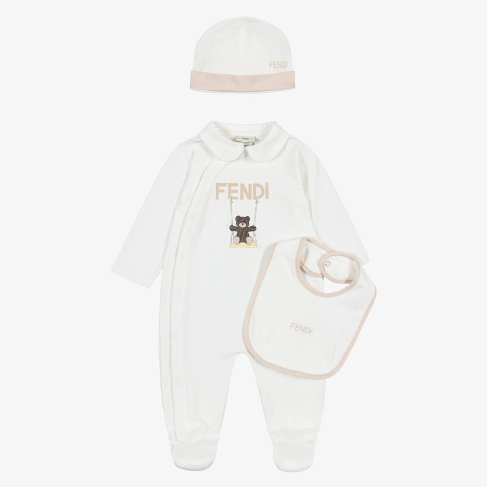 Fendi-White Cotton Babysuit Gift Set with Fendi Bear | Childrensalon