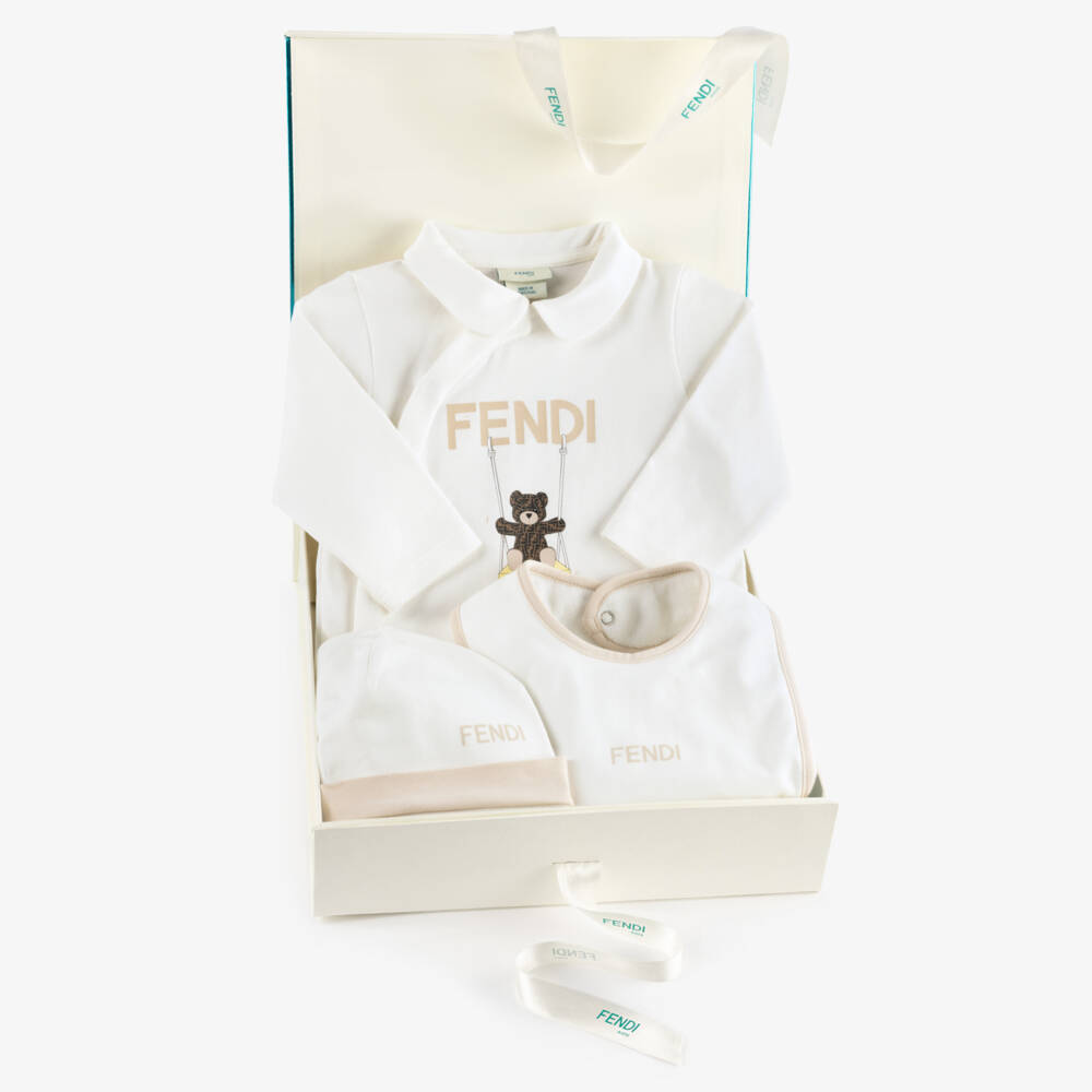 Fendi-White Cotton Babysuit Gift Set with Fendi Bear | Childrensalon